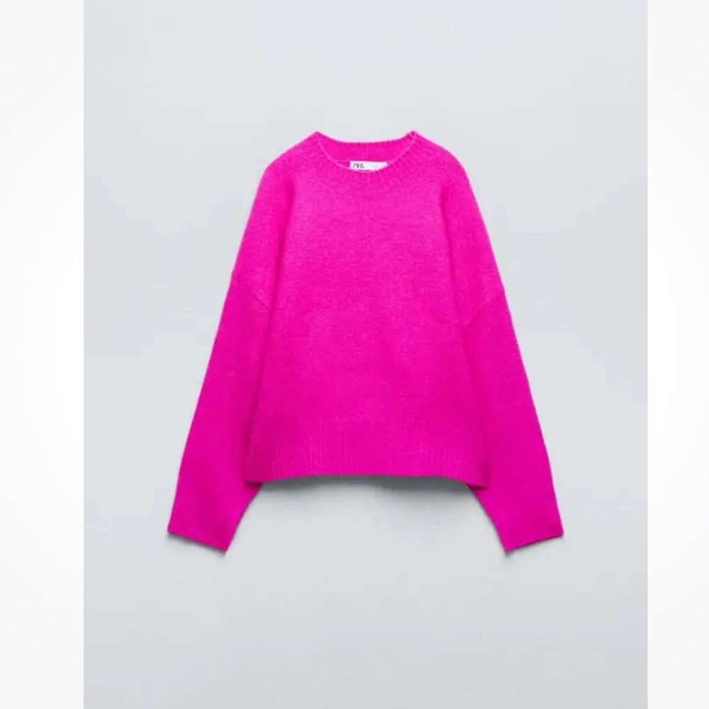 Zara Soft Knot Fuschia Hot Pink Crewneck Long Sleeve Sweater